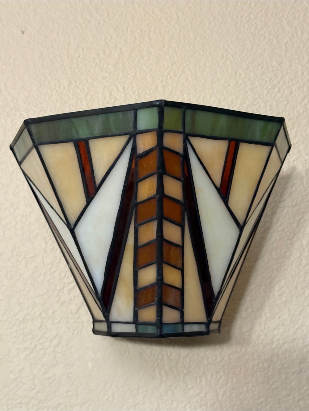 Art Deco Stained Glass Wall Sconce - Cream, White, Brown & Green